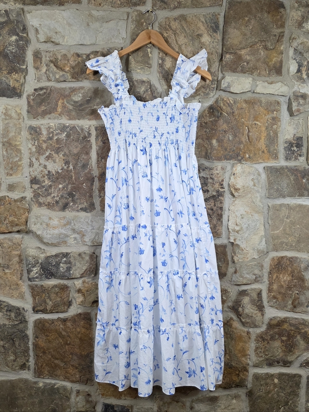 Hill House The Ellie Nap Smocked Tiered Midi Dress In Blue Botanical - Picture 3 of 10